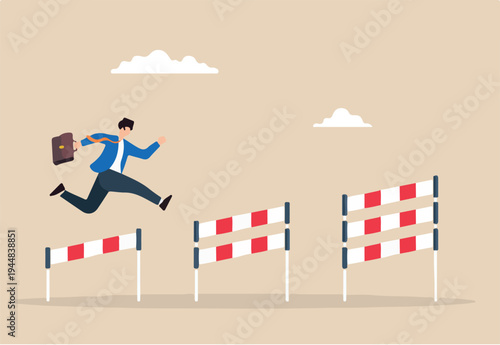 Flat illustration of ambitious businessman jumps over hurdles facing new obstacle achieve success business challenge solve problem