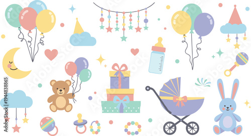Cute Baby Shower Elements Vector Set Featuring Balloons, Teddy Bear, Baby Bottle, Stroller, Gift Boxes, Pacifier and Nursery Decoration Items.