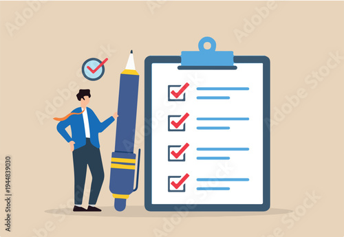 Flat illustration of manager hold pen complete task on business checklist clipboard