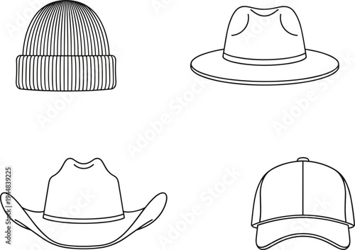 Minimalist hat collection vector illustration featuring beanie, fedora, cowboy hat, and baseball cap in clean outline style isolated design set