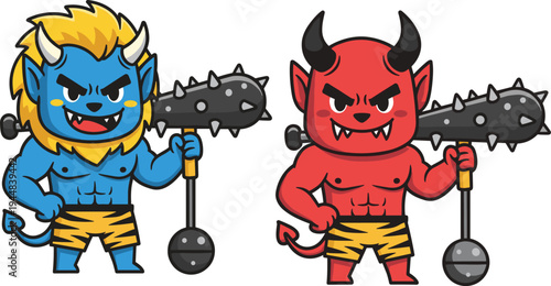 Cute cartoon devil and monster characters, muscular demon mascots holding spiked mace weapons colorful vector illustration isolated on background