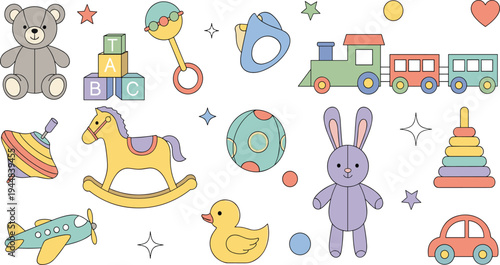 Cute Baby Toys Vector Collection Featuring Teddy Bear, Toy Train, Rocking Horse, Building Blocks, Stacking Rings, Duck and Nursery Play Elements.