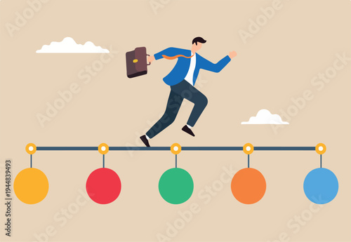 Flat illustration of businessman runs along project timeline marking milestones on strategic journey to success