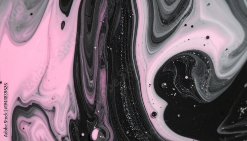 Abstract macro photo of flowing liquid in black and pink tones with soft gray shades and bubbles. Dark dramatic fluid texture expressing motion