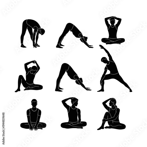 Women and Men Yoga Silhouette Set Meditation, Fitness, Healthy Lifestyle Poses Vector