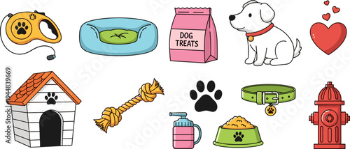 Cute dog pet care icons set with kennel leash collar bowl treats paw toy vector illustration collection