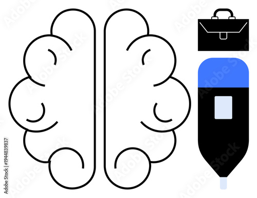 Innovation, creativity, professionalism, business strategy, cognitive processes, conceptual thinking. An outlined brain shape next to a briefcase and pen icon. Innovation and creativity concept