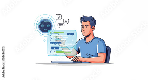 Man working on laptop with digital interface and icons floating by