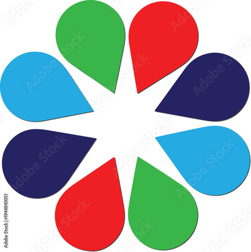 Abstract flower with eight petals colored in green red light blue and dark blue with shadow on white background