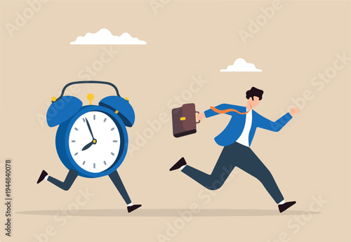 Flat illustration of frustrated businessman run in hurry from clock time symbolizing work late and deadline pressure