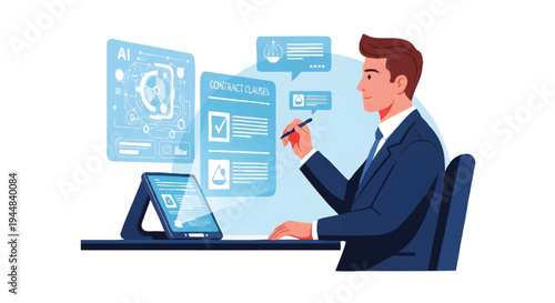 Businessman working on laptop with digital charts and graphs