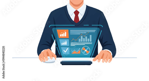 Businessman working on laptop with graphs and charts