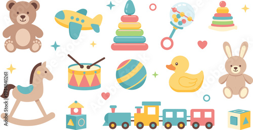 Cute Baby Toys Vector Set Featuring Teddy Bear, Toy Train, Rocking Horse, Stacking Rings, Drum, Duck and Colorful Nursery Play Elements.