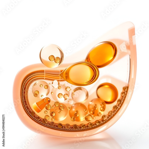 Detailed cross-sectional view reveals multi-layered skincare product structure with encapsulated active ingredients.