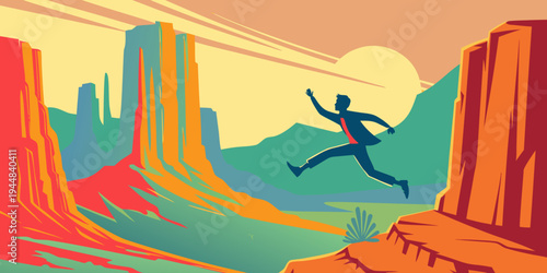 Vector illustration of adventurous person jumping across canyon cliffs in desert landscape at sunset. Concept of freedom, exploration, courage, outdoor adventure and travel lifestyle.