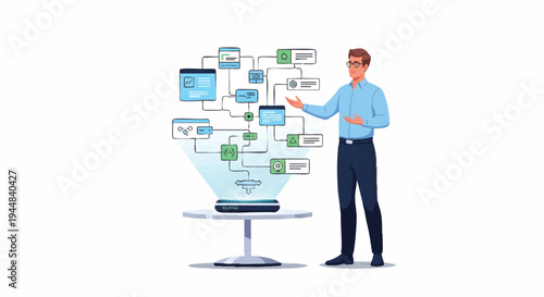 Businessman presenting flowchart on screen