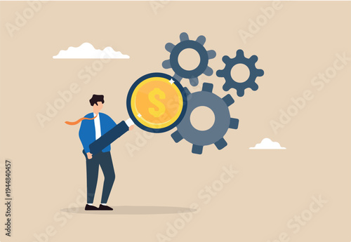 Flat illustration of businessman use magnifier to inspect dollar money from cogwheel symbolizing cost effective