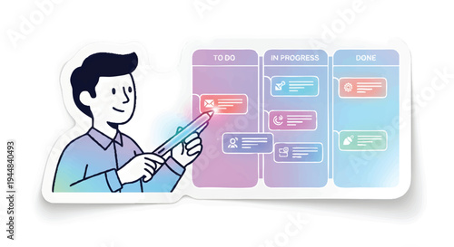man holding smartphone with workflow process illustration