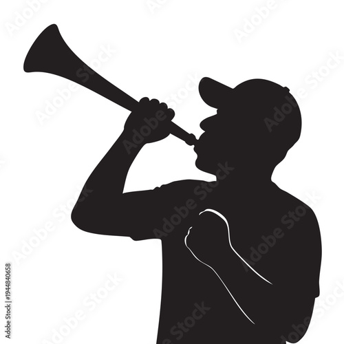 Sports fan blowing vuvuzela stadium horn silhouette vector illustration