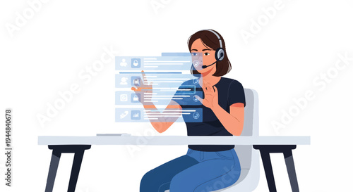 woman wearing headset and working on computer with chat windows