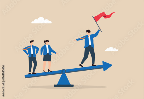 Flat illustration of businessman leader balancing on seesaw arrow with flag while supported by team members to lead stable progress and direction