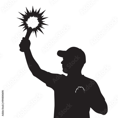 Soccer hooligan fan holding burning flare silhouette vector illustration