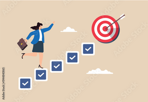 Flat illustration of smart businesswoman walk up checklist staircase to achieve bullseye target symbolizing personal development for career success.