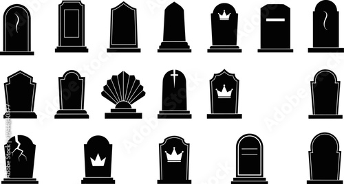 Gravestone silhouettes collection, cemetery tombstone icons set funeral memorial grave markers vector illustration isolated black monument shapes