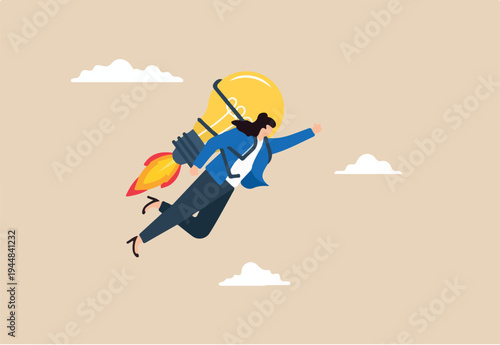 Flat illustration of confident businesswoman flying high with lightbulb jetpack symbolizing innovation and career growth