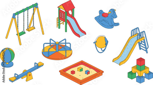 Isometric playground equipment set with swing slide carousel sandbox seesaw rocking horse kids outdoor play vector illustration icons