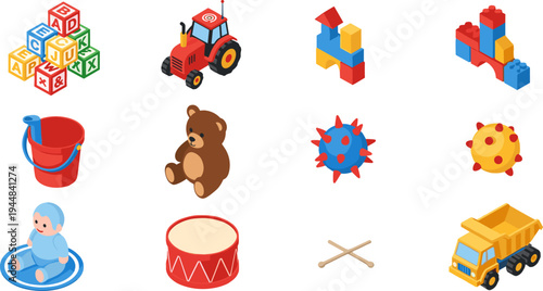 Isometric kids toys collection with blocks tractor teddy drum truck ball bucket baby colorful children play icons set
