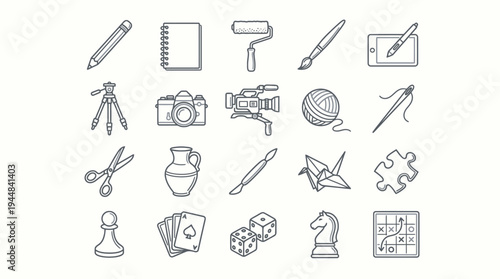 A diverse collection of minimalist line art icons representing various creative hobbies, arts, crafts, and games.