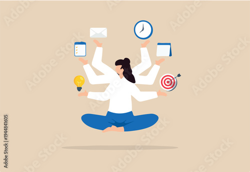 Flat illustration of multitasking businesswoman with six arms floating and handling ideas tasks emails goals time and planning in perfect balance.