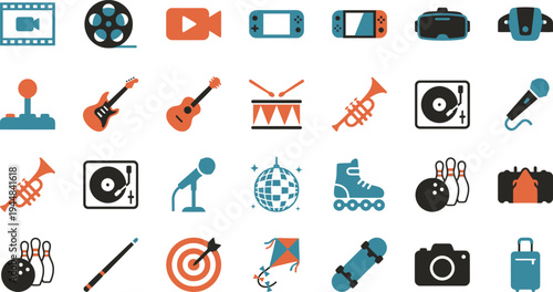 Diverse collection of flat icons representing entertainment, music, sports, and travel leisure activities.