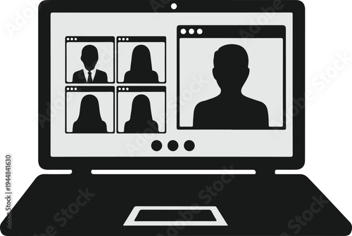 Video conference meeting on laptop screen displaying multiple participant profiles and large speaker for remote collaboration