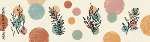 Bohemian botanical banner with hand drawn leaves and abstract aesthetic circles in mid century modern style for social media header horizontal web background and seasonal decoration