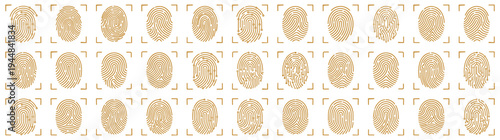 Set of human fingerprint scan icons with biometric identification technology and digital security verification concept in golden textured style for access control and privacy protection