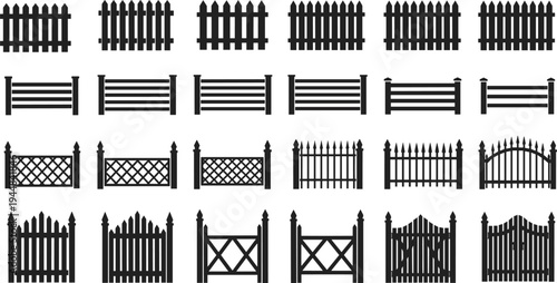 Large collection of garden fence and gate silhouettes, wooden picket, metal and lattice boundary panels vector set