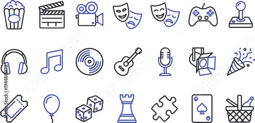 Collection of line art icons representing entertainment, leisure, games, and music activities clearly displayed.