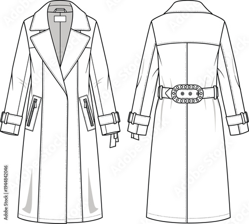 Fashion Vector Technical Drawing of a Women's Trench Coat Featuring Wide Lapels Buckled Belt Zippered Pockets and Long Sleeved Design Silhouette