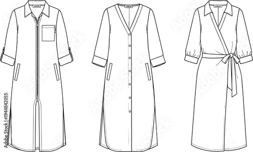 Fashion Technical Sketch Set Featuring Women's Midi Dresses Including Zip Up Shirt Dress Button Down V Neck and Elegant Wrap Style