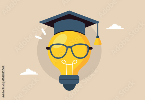 Flat illustration genius bright lightbulb wearing eyeglasses and graduation cap symbolizing knowledge and creativity