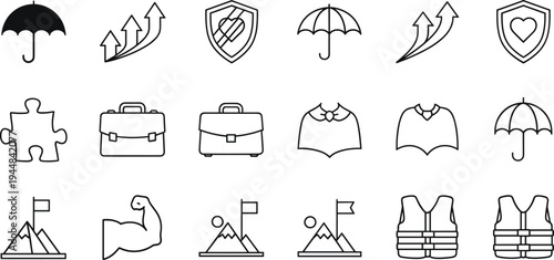Vector Illustration Set of Business and Insurance Icons Featuring Umbrellas Briefcases Shields Growth Arrows Life Vests and Success Symbols for Design