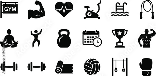 Vector Illustration Set of Fitness and Gym Icons Featuring Sports Equipment Workout Tools Healthy Lifestyle Symbols and Bodybuilding Elements for Design