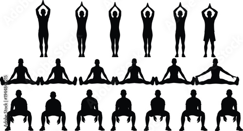 Vector Illustration Set of Fitness Silhouettes Featuring Various Yoga Poses Stretching Exercises Workout Routines and Athletic Training For Healthy Lifestyle Design