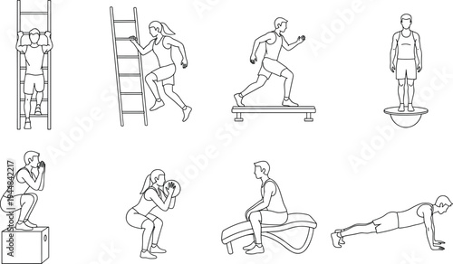Vector Illustration Set of Outlined Fitness Icons Featuring Athletes Performing Various Gym Exercises Workout Routines and Sports Training Poses Set