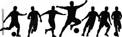 Vector Illustration Set of Soccer Player Silhouettes Featuring Athletes Kicking Balls Jumping Running and Professional Football Poses for Graphic Design
