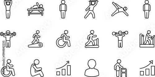 Vector Illustration Set of Outlined Icons Representing Physical Therapy Rehabilitation Fitness Exercises Disability Support Gym Workouts and Healthy Recovery Progress
