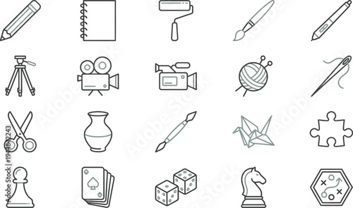 Collection of simple line icons representing various creative hobbies arts and entertainment activities