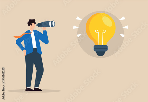 Flat illustration of businessman looking through binoculars at lightbulb idea seeking to discover new solutions and opportunities.